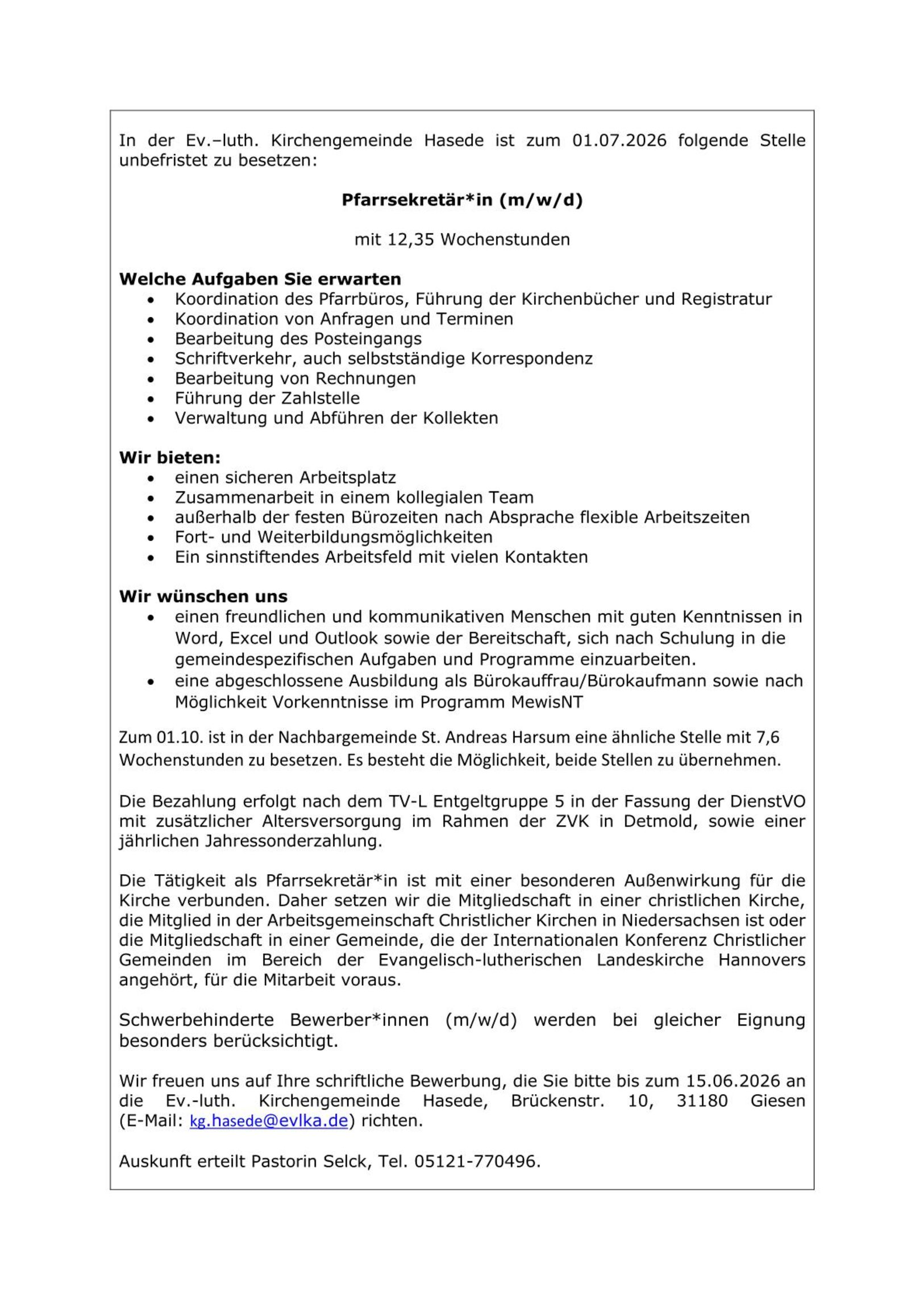Stellenausschreibung Pfarrsekretariat Hasede