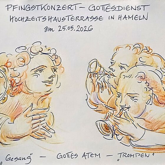 Zeichnung - Pfingsten in Hameln, musizierende Kinder | Magnus Kleine-Tebbe